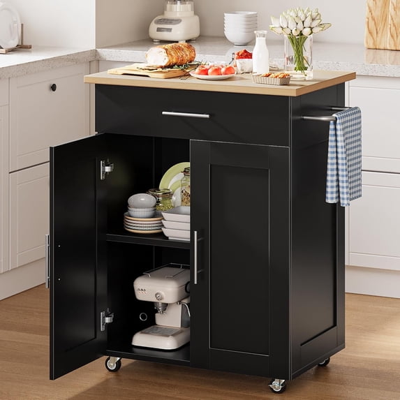 Kitchen Island with Storage - Mobile Rolling Kitchen Island Cart with Wheels, Large Drawer, Adjustable Shelf & Towel Rack, Space-Saving Black Kitchen Organizer for Dining Room & Small Spaces