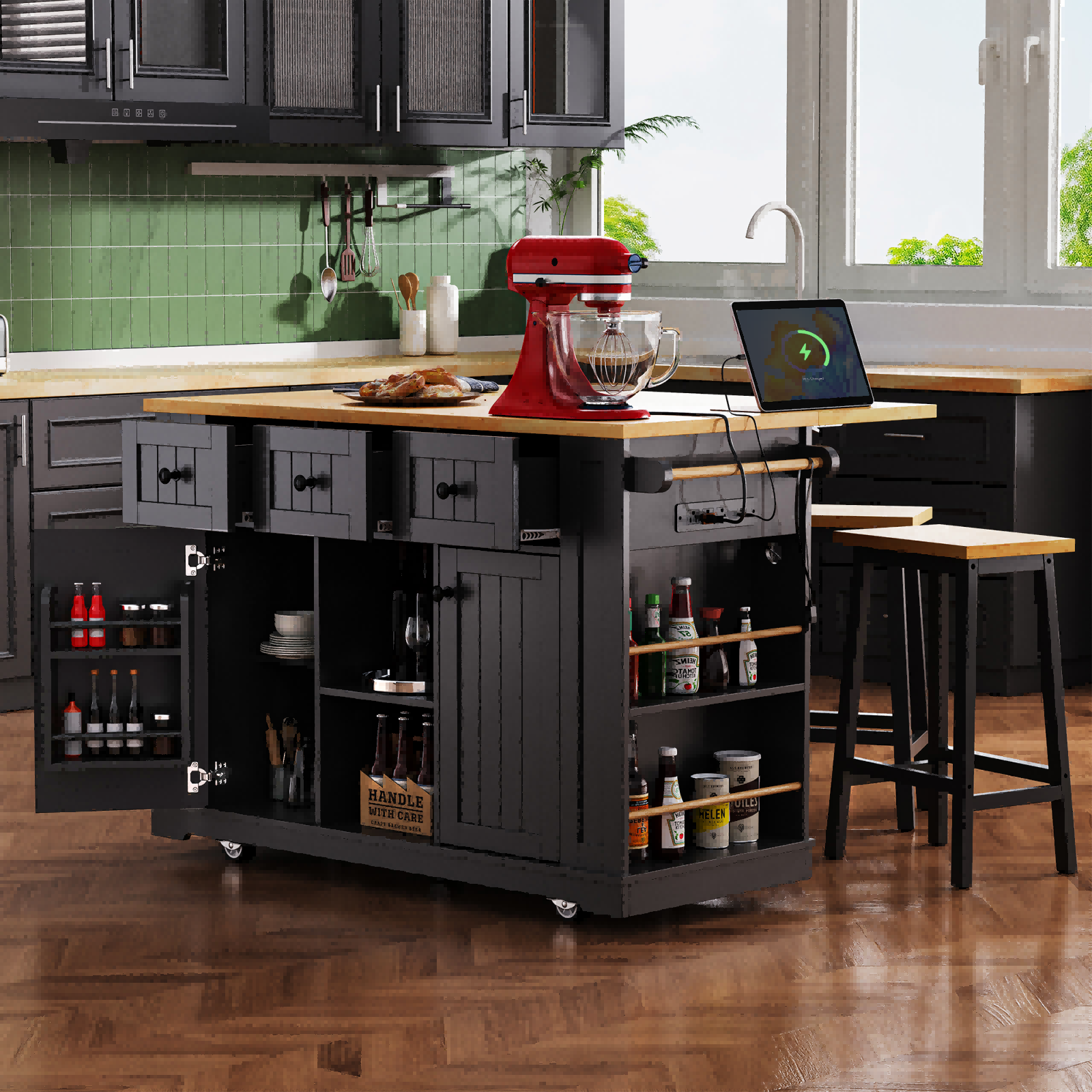 Kitchen Island with Storage, Moveable Kitchen Island with Power Outlet and Drop Leaf, Portable Kitchen Carts with Drawers and Shelves for Dinning Room