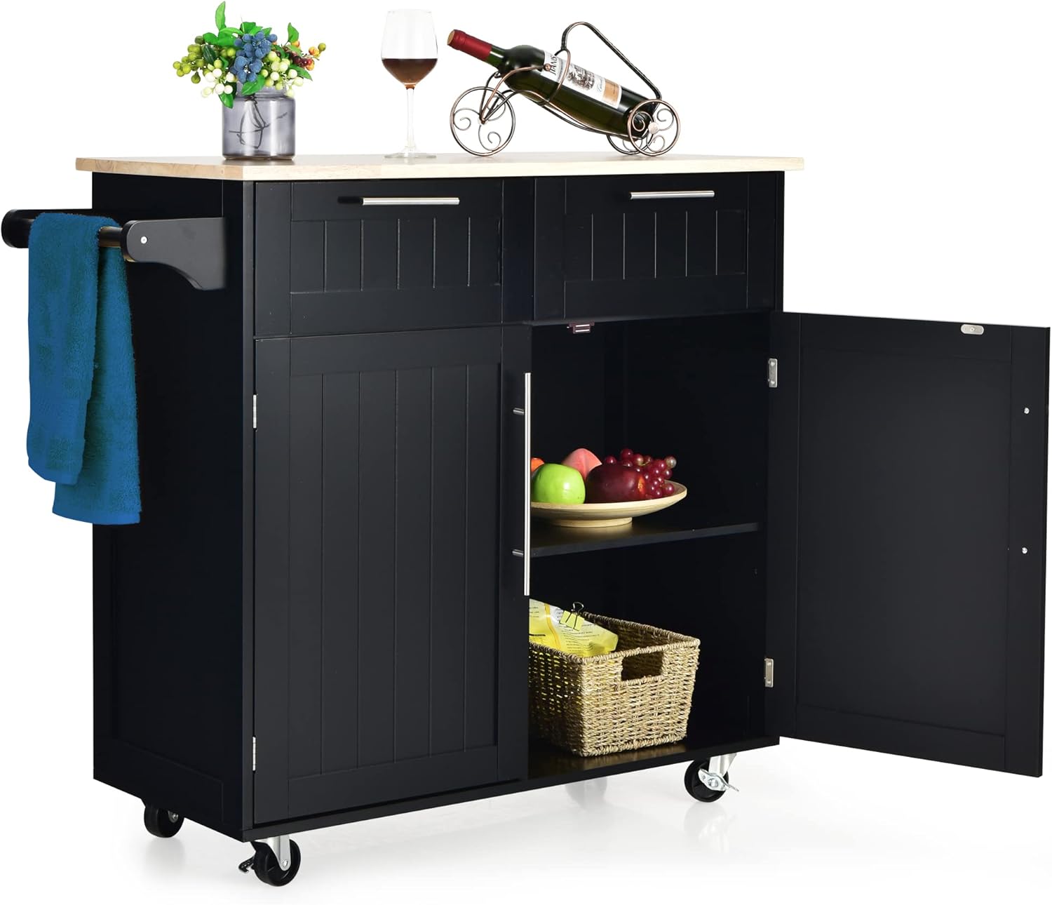 Kitchen Island with Storage Portable Kitchen Cart with Rubber Wood