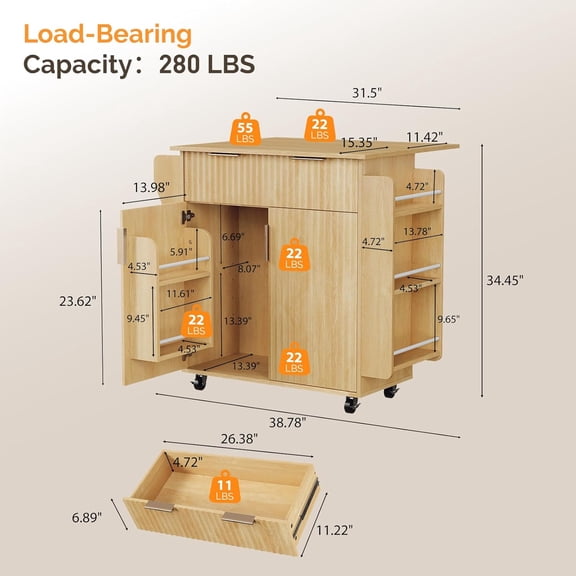 Kitchen Island with Storage, Rolling Cart on Wheels with Foldable Drop Leaf, Drawer & Door Cabinet, Portable Kitchen Cart for Meal Prep & Organization, Oak