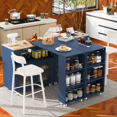 thumbnail image 1 of Kitchen Island with Storage, Rolling Kitchen Island Table with Extended Table, 3 Open Shelves and 2 Glass Doors, Built-in LED Lights & Power Outlets, Kitchen Cart Cabinet on Wheels for Home, Navy Blue, 1 of 9