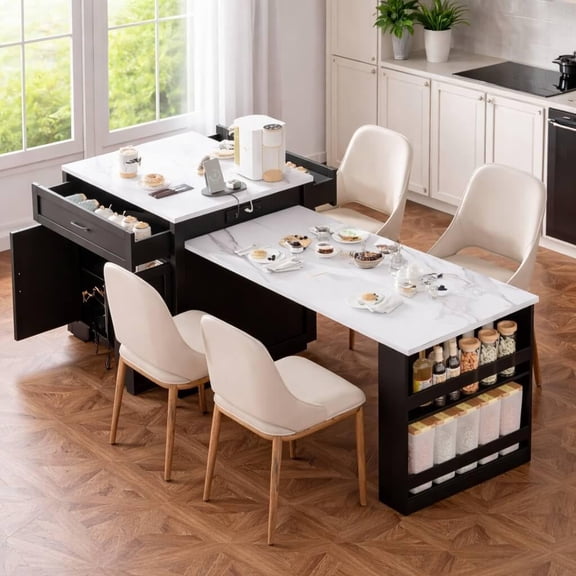 Kitchen Island with Storage and Seating, Extendable Dining Table for 4-6, Large Kitchen Island with Drawers, Cabinet and Shelves, Built-in Power Outlet, Faux Marble Top (Black)