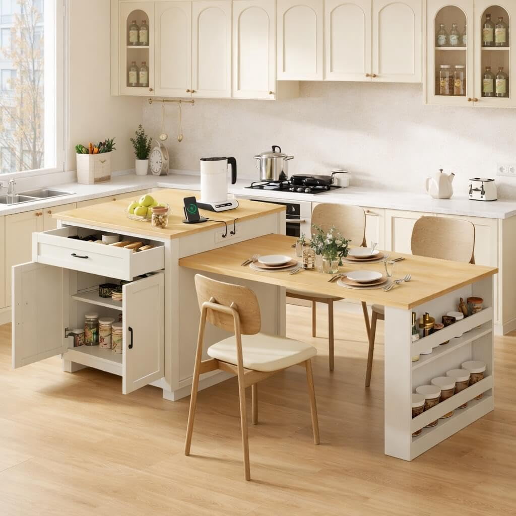Kitchen Island with Storage and Seating, Extendable Dining Table for 4-6, Large Kitchen Island with Drawers, Cabinet and Shelves, Built-in Power Outlet, Faux Marble Top (Wood)
