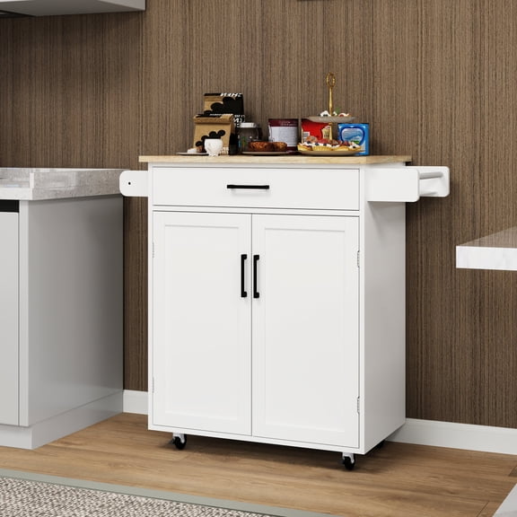Kitchen Island with Storage | Wheels for Easy Movement, Adjustable Shelf Height | Rubber Wood Surface, UV - Painted Finish | Space for Containers and Canned Food