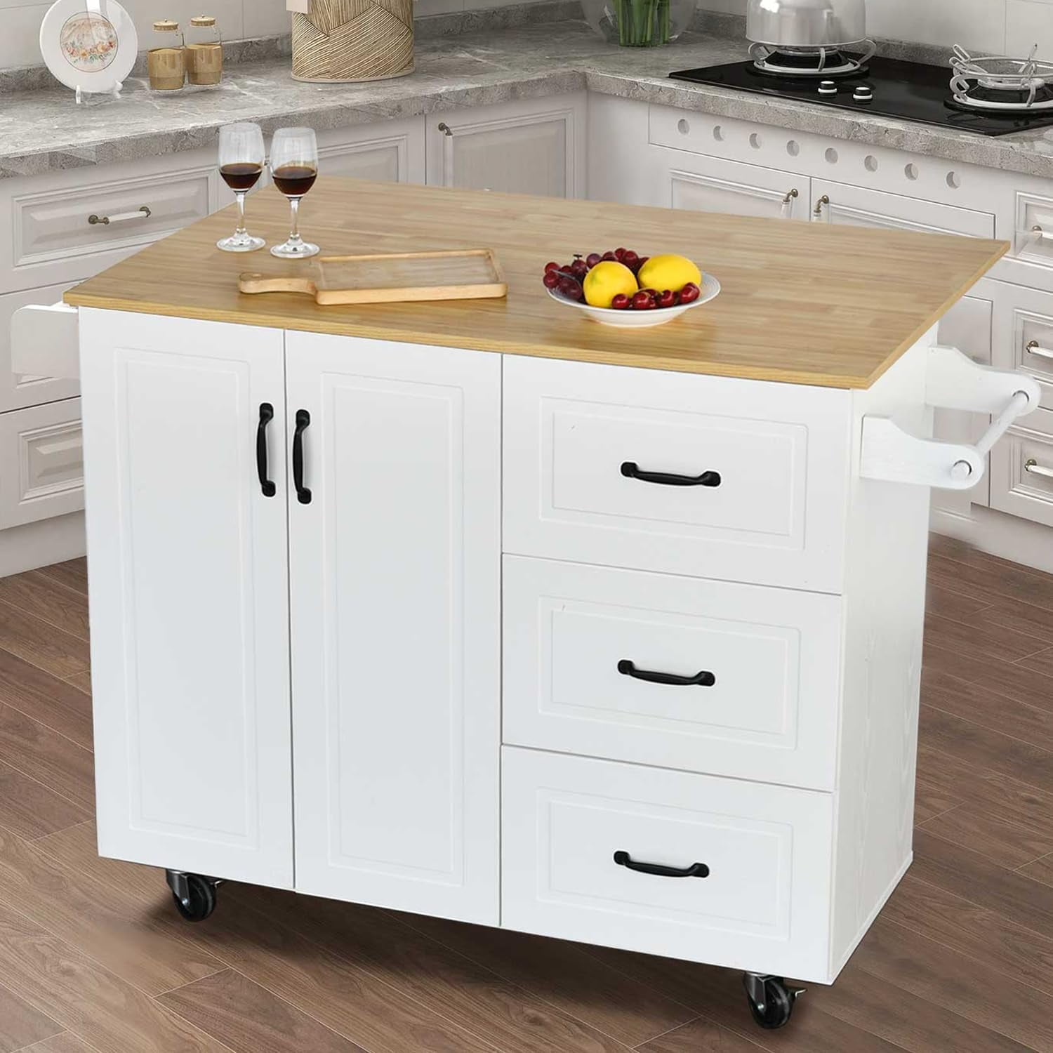 Kitchen Island with Storage, White Kitchen Cart with seating with Drop