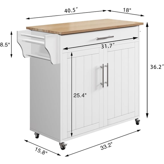 Kitchen Island with Storage, Wooden Countertop Rolling Kitchen Island On Wheels Storage Cabinet, Mobile Kitchen Island Cart with Towel Rack, Spice Rack and Drawers, White