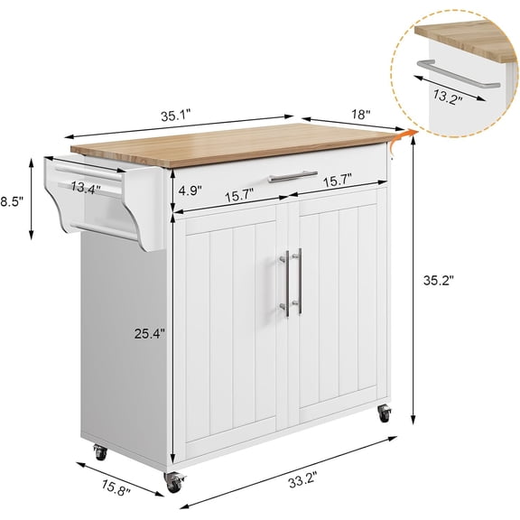 Kitchen Island with Storage, Wooden Rolling Kitchen Island On Wheels with Wood Top, Mobile Kitchen Bar Cart Cabinet with Towel Rack, Spice Rack and Drawers, White