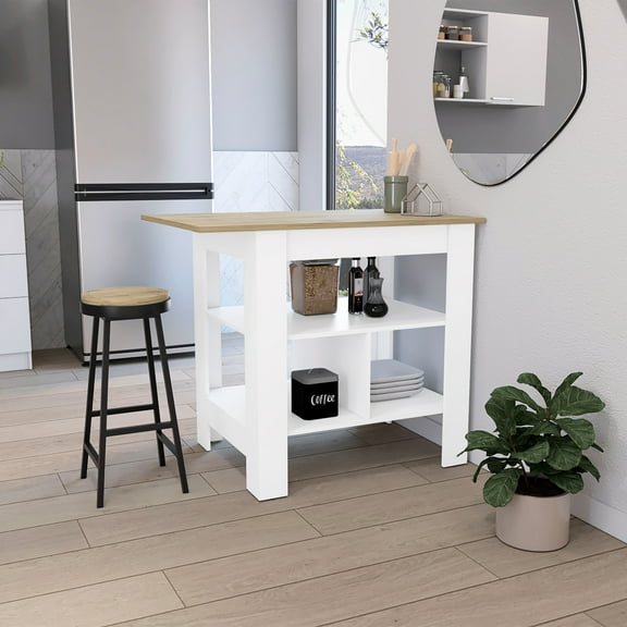 Kitchen Island Table, 35" High, White/, 3 Open Shelves - Spacious Work Area H Functional Countertop