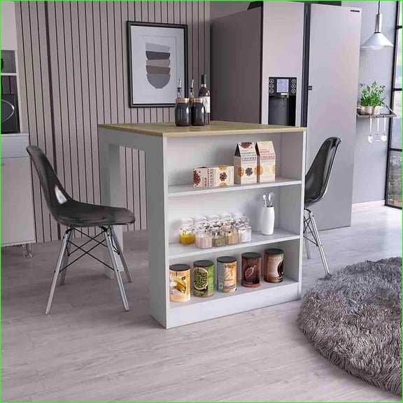 Kitchen Island Table, Modern White/Pine with 3 Shelves, 36.2x36.2 Countertop | Solid Wood+MDF | Engineered Wood