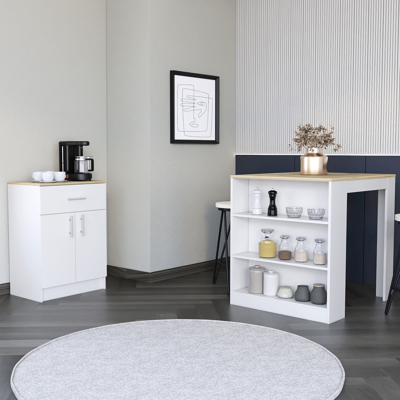 Kitchen Island Table + Pantry Cabinet 2 Piece Set in White/Light Oak ...