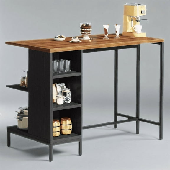 Kitchen Island Table w/ 5 Open Shelves & Walnut Top - Freestanding Prep Station w/ Adjustable Feet for Small Spaces, Rustic Storage Solution