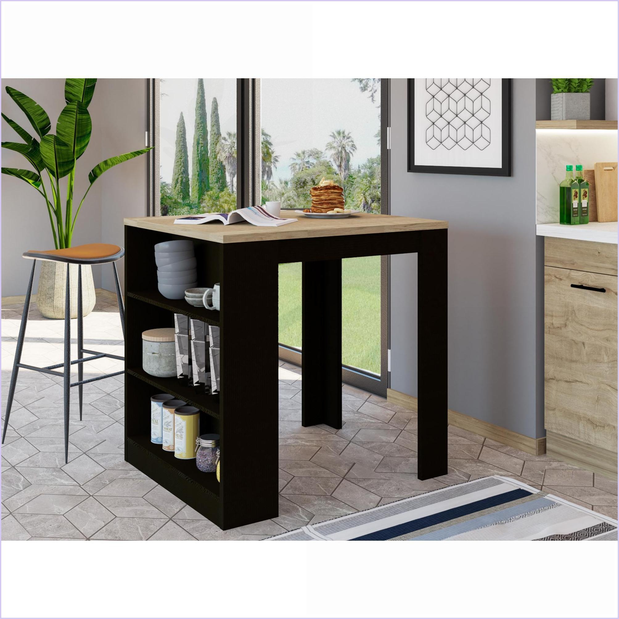 Kitchen Island Table with 3 Shelves, Modern Black/Pine 36.2x36.2 Inch ...