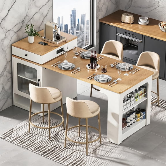 Kitchen Island Table with Extendable Dining Surface and Built-in Charging Station, Soft White, 59.5 Inches, for Kitchen and Dining Room
