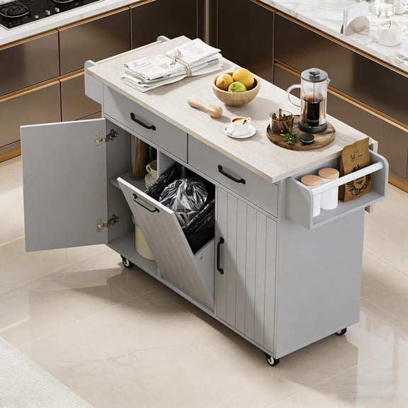 Kitchen Island with Trash Can Storage Cabinet, Kitchen Cart with Drop Leaf, Spice Rack, Towel Rack and Drawer, Rolling Kitchen Island on Wheels with Adjustable Shelf, Grey Finish
