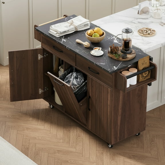 K&K Kitchen Island with Trash Can Storage Cabinet, Kitchen Cart with Drop Leaf, Spice Rack, Towel Rack and Drawer, Rolling Kitchen Island on Wheels with Adjustable Shelf, White