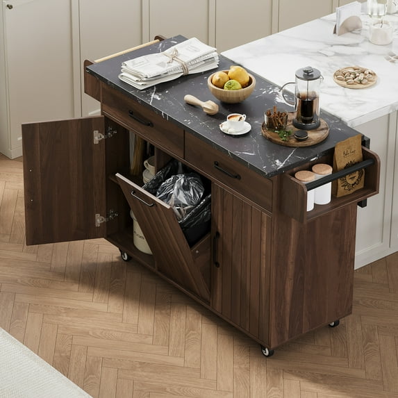 Kitchen Island with Trash Can Storage Cabinet, Modern Kitchen Cart with Drop Leaf, Spice Rack, Towel Rack and Drawer, Solid Wood Rolling Kitchen Island on Wheels with Adjustable Shelf, Walnut Brown