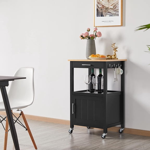 Kitchen Island Trolley Cart with Drawer and Storage Cabinet, Wood Top Kitchen Cart Microwave Stand for Dining Room, Black