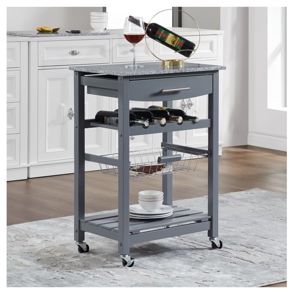 Kitchen Island Trolley with Drawer & Basket - Mobile Serving Cart, Rolling Kitchen Island with Marble Top, Wood Kitchen Cart with Storage