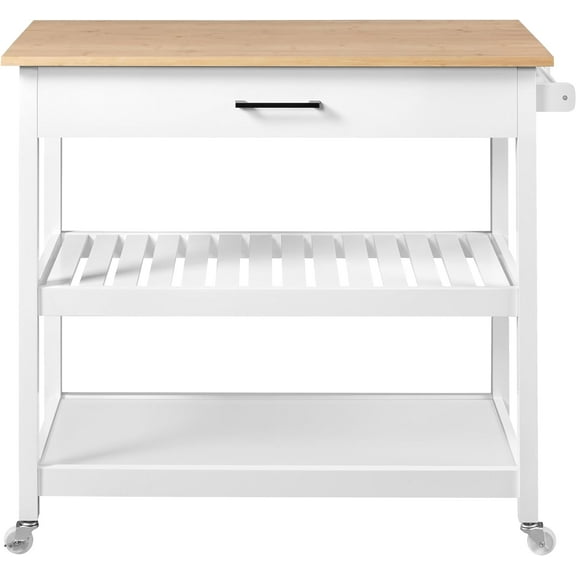 Kitchen Island Utility Cart with Drawer and Storage Shelves, Trolley Cart with Bamboo Top On Wheels for Dining Room, 40" Lx20 W, White