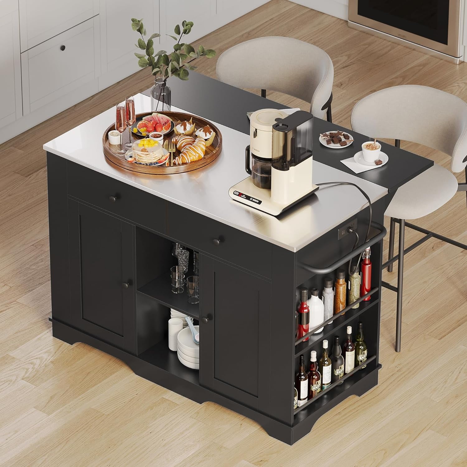 Kitchen Island W Stainless Steel Top Drop Leaf Bar Seating Power Outlet