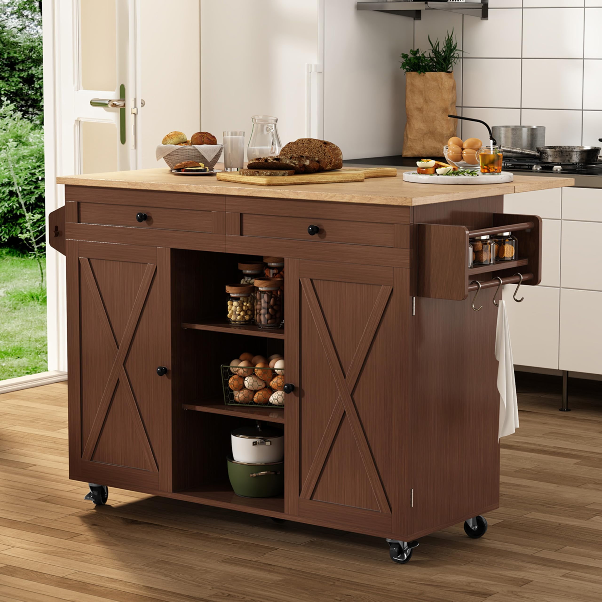 Kitchen Island On Wheels, Brown Rolling Kitchen Island Cart with Solid ...