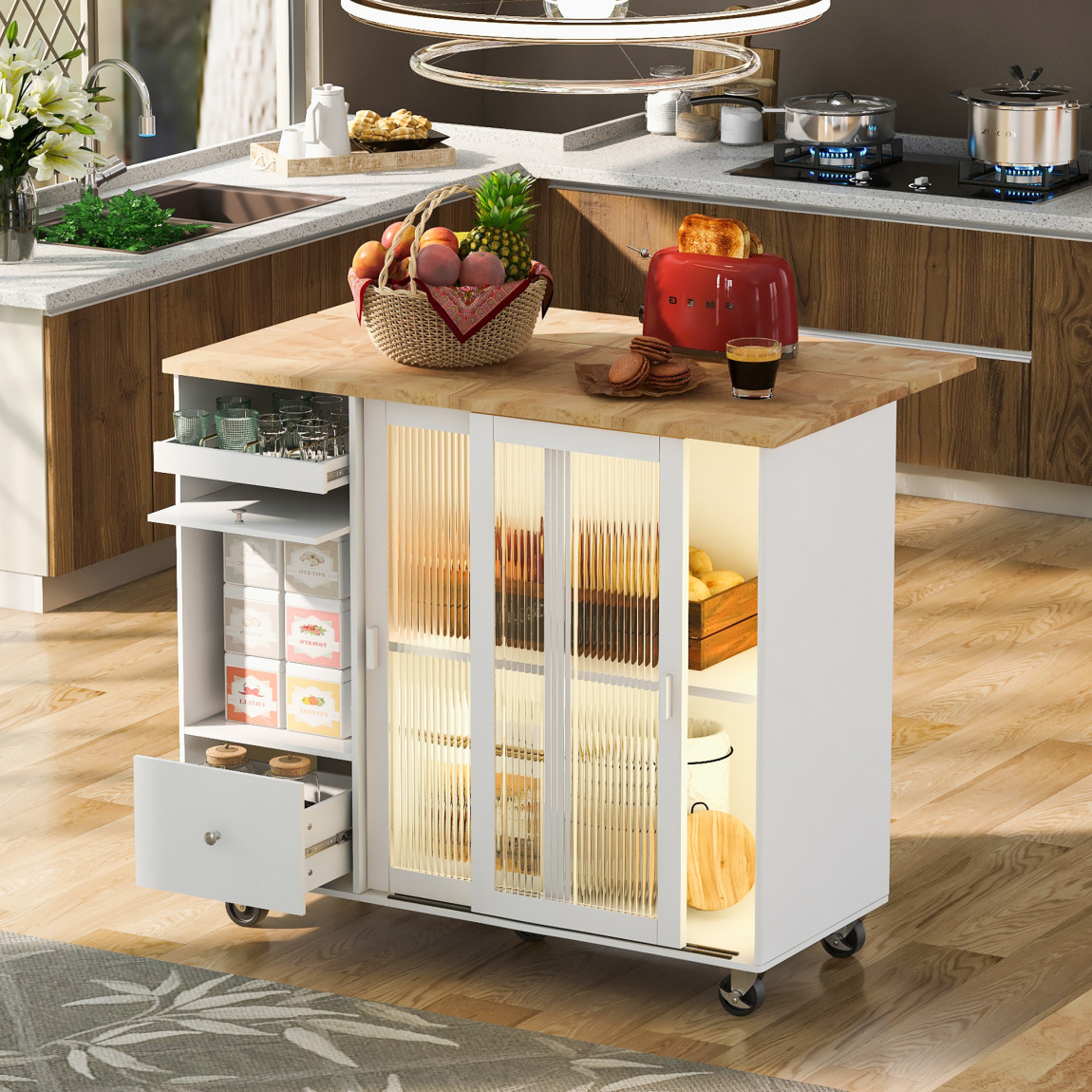 Kitchen Island on Wheels with LED Light, Rolling Kitchen Cart with Flip