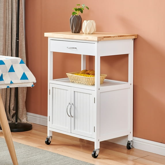 Kitchen Island on Wheels, Large Kitchen Island with Storage Drawers, Rolling Island for Kitchen with Wooden Countertop, Tower Rack, Lockable Wheels, White