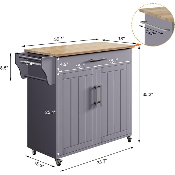 Kitchen Island on Wheels, Portable Rolling Kitchen Cart Storage Cabinet with Solid Wood Countertop, Shelf, Spice Rack, Towel Rack and Drawer (#03 Grey)