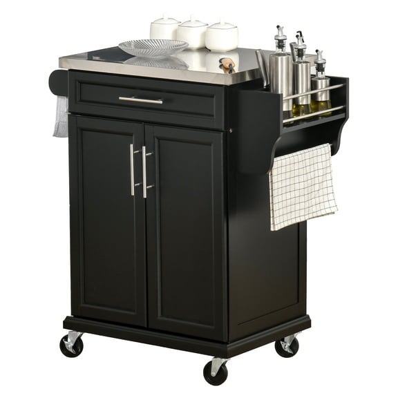 Kitchen Island on Wheels, Rolling Cart with Stainless Steel Top, Drawer & Towel Rack, Black Kitchen Trolley, Portable Storage for Kitchens, 33x18x35.75in