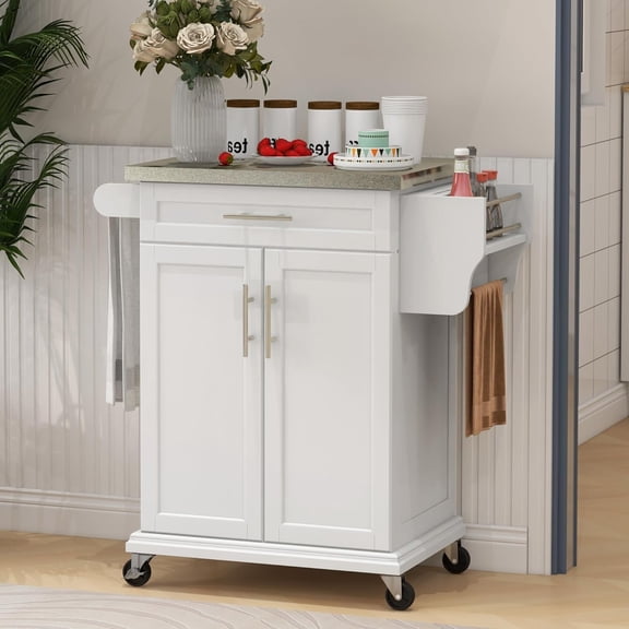 Kitchen Island on Wheels, Rolling Kitchen Cart with Stainless Steel Countertop, Drawer, Towel Rack and Spice Rack, Utility Storage Trolley, Cream White