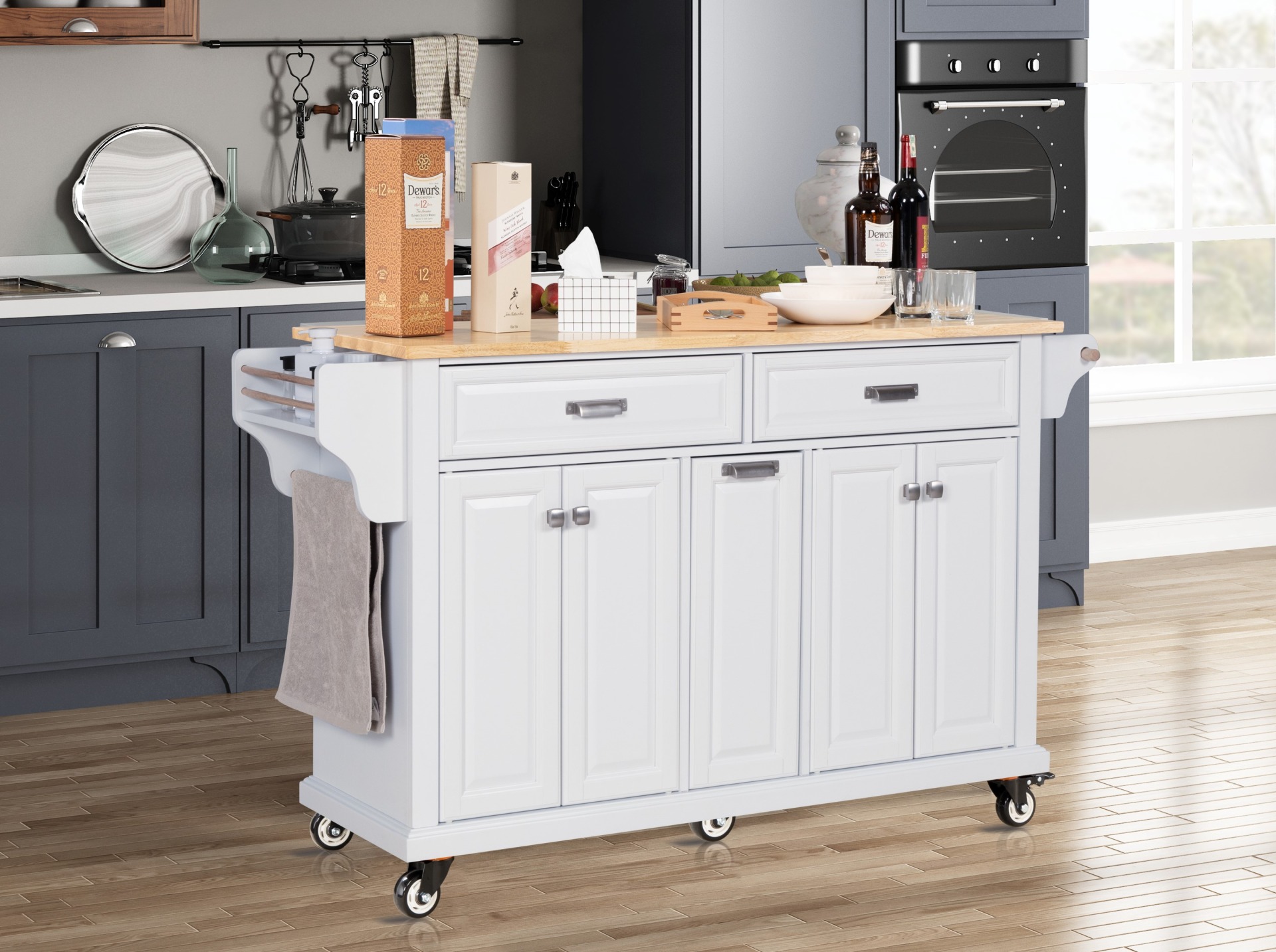 Kitchen Island on Wheels with Solid Wood Top, Rolling Kitchen Cart with ...