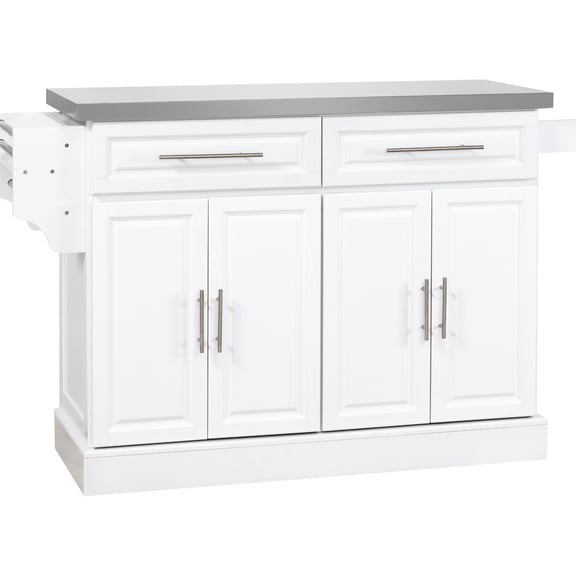 Kitchen Island On Wheels For Storage And Organization, White, Stainless Steel Counter, 2 Drawers, Cabinets, Spice Rack, Towel Rack Portable Desk With Storage, Top, Holder, Efficient