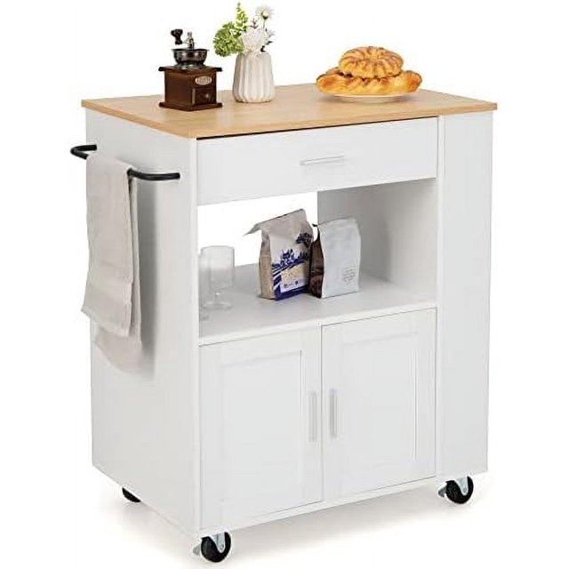 Kitchen Island on Wheels Kitchen Trolley Cart with Towel Rack & Spice