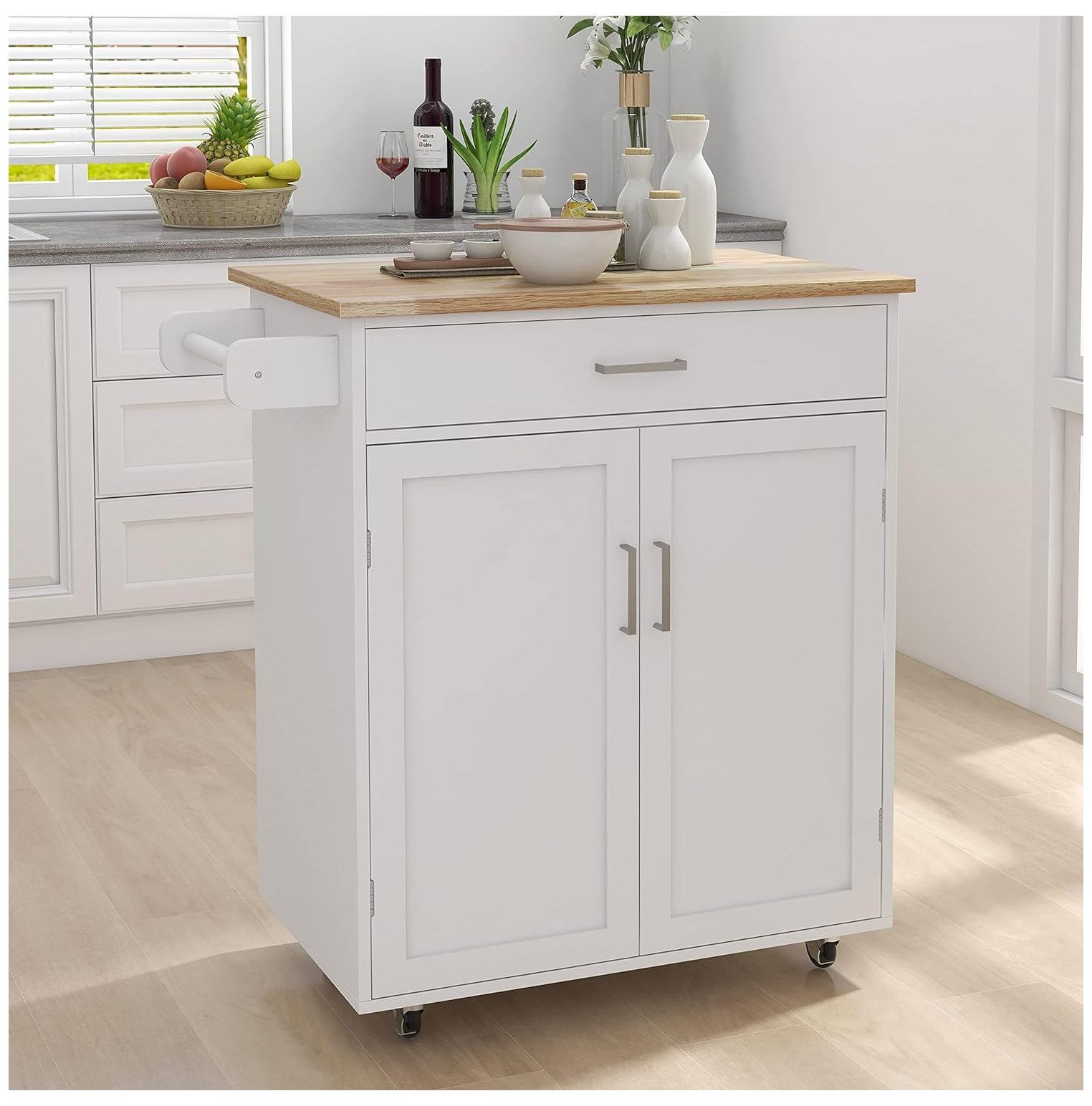 Kitchen Island on Wheels White Rolling Trolley Cart with Rubber Solid
