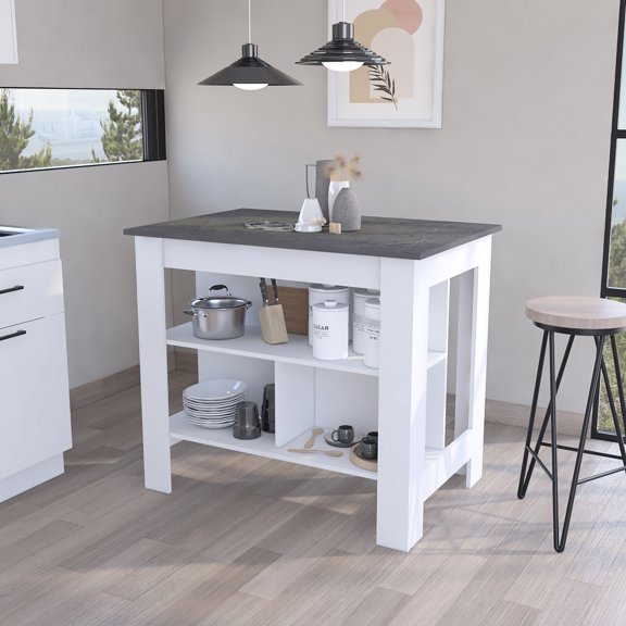 Kitchen Island With White/ Hue, 40.5"w X 27.5"d Table Surface, Three Shelf Units, 9.4"h Top Shelf, 12"h Bottom Shelves, Easy Assembly Process , Work Area, Storage Joins, Effortless Form