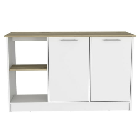 Kitchen Island - White/ Oak, 59"x25.1" Counter, Storage & Cabinet Oak , 59" W X 25.1" D Open Enclosed Options