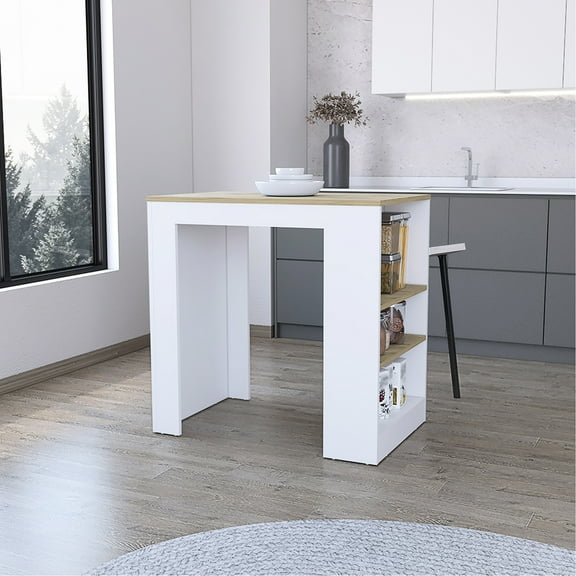 Kitchen Island - White/ Oak, Surface For Eating & Working, 3 Side Shelves, Compact Small Areas White Oak , Sufficient Space Essentials And Work, Kitchens