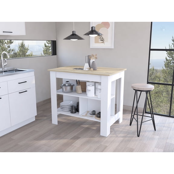 Kitchen Island With 3 Shelves, Engineered Wood, Modern, Wide Surface For Cooking, Multicolor Wood Island, Top Meal Prep, Hidden