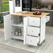 Kitchen Island With Drop Leaf, BTMWAY Farmhouse Rolling Kitchen Island with Storage Drawers, Spice Rack, and Towel Rack, Wood Trolley Cart Storage Cabinet Utility Cart Microwave Cabinets, White
