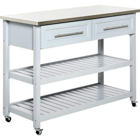 Kitchen Island With Stainless Steel Surface, 2 Shelves, Drawers, Gray, Rustic Storage Top, Style For Space Optimization