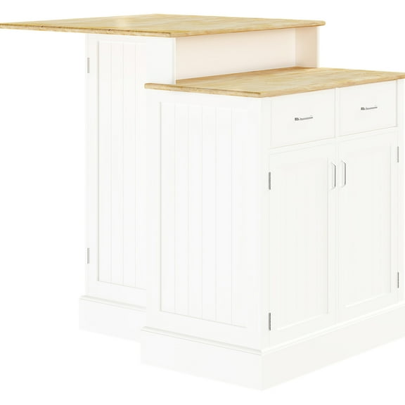 Kitchen Island With Storage And 2-level Rubber Wood Tabletop, Adjustable Shelves, White Finish Top Compartments