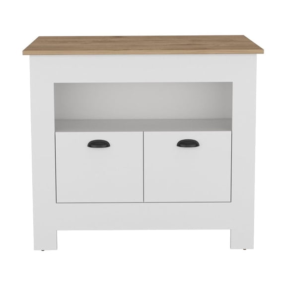 Kitchen Island with Wood Top and Storage, White Macadamia Countertop with Enclosed Cabinets and Open Shelf, 40.5 Inch Freestanding Kitchen Cart for Small Apartments and Food Prep