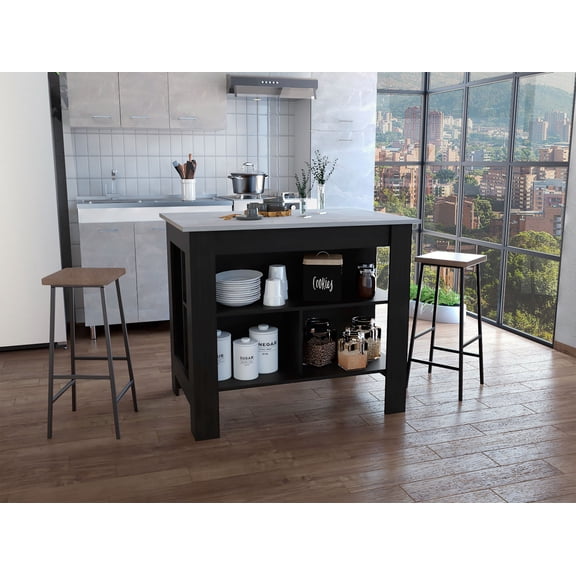 Kitchen Island, kitchen table 35" H, Four Legs, Three Open Storage Shelves, Black / Ibiza Marble Finish