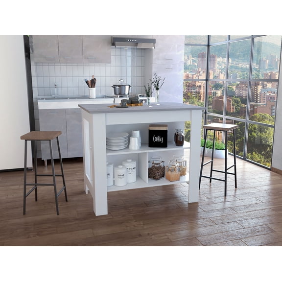 Kitchen Island, kitchen table 35" H, Four Legs, Three Open Storage Shelves, White / Ibiza Marble