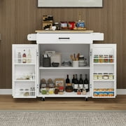 Kitchen Island on Wheels Cart Rolling Trolley Cart Storage with Cabinet Racks Towel Rack Rubber Wood Countertop Table