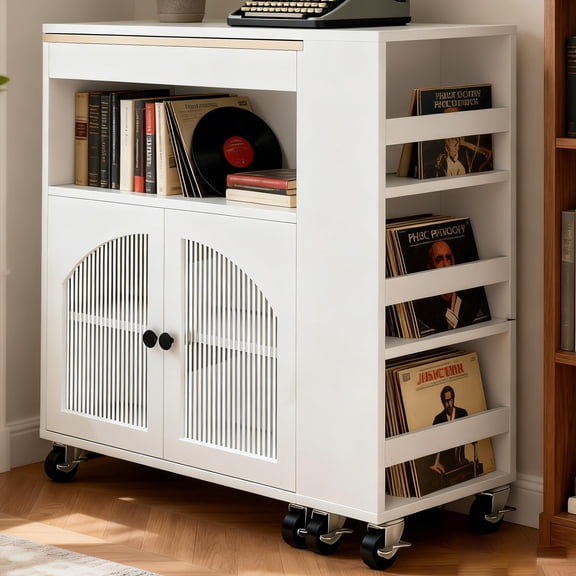 Kitchen Island on Wheels, MDF Rolling Kitchen Storage Cart with LED Light Power Outlets, 2 Fluted Glass Doors 3 Open Shelves, for Organization