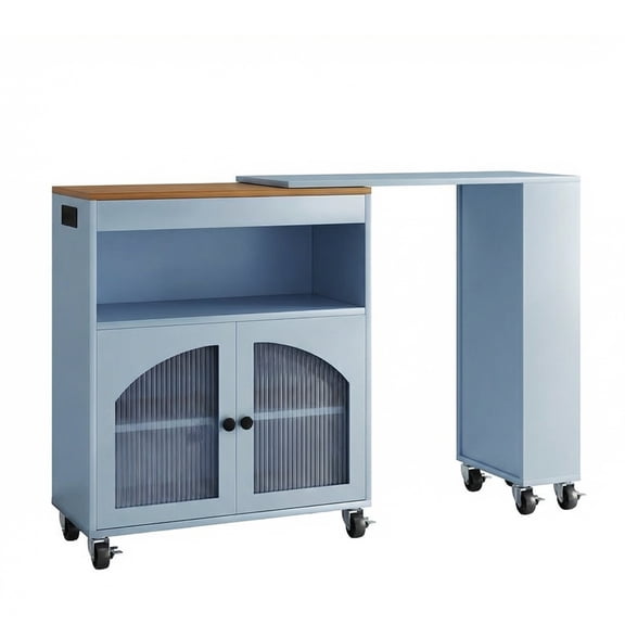 Kitchen Island on Wheels, MDF Rolling Kitchen Storage Cart with LED Light Power Outlets, 2 Fluted Glass Doors 3 Open Shelves, for Organization