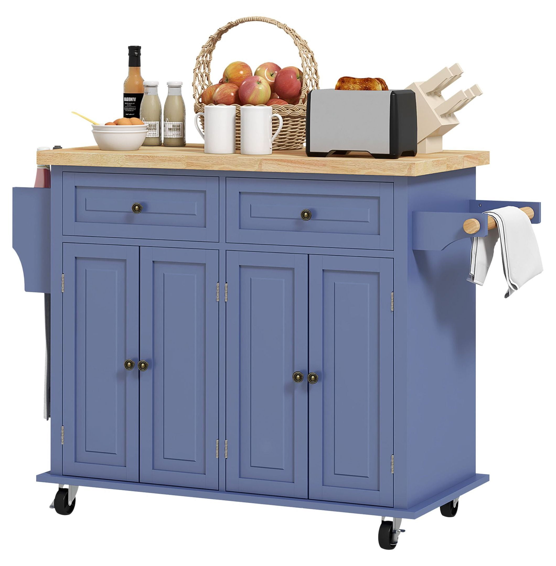 Kitchen Island on Wheels, Navy Blue Rolling Cart with Rubberwood Top ...