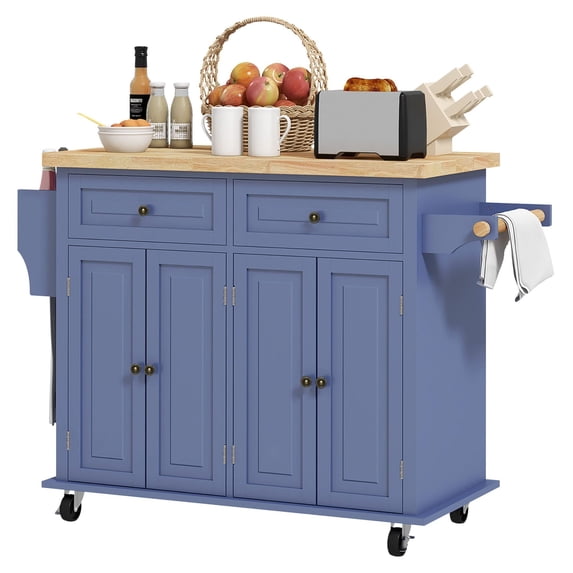 Kitchen Island on Wheels, Navy Blue Rolling Cart with Rubberwood Top ...