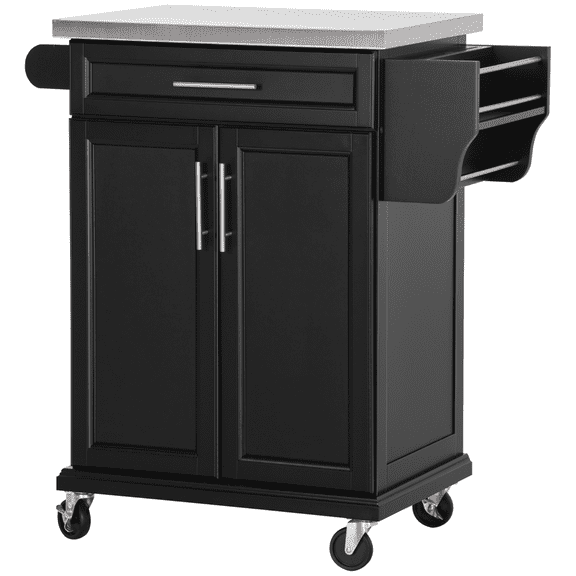Kitchen Island on Wheels, Rolling Cart Stainless Steel Top, Drawer & Spice Rack, Black Utility Kitchen Trolley